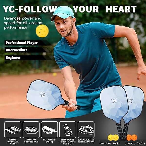 YC DGYCASI Pickleball Paddles Set of 2, 2026 USAPA Approved Pickleball Set, Fiberglass Lightweight Pickle Ball Rackets 2 Pack, 2 Outdoor Pickleball, 2 Indoor Pickleball Balls, 1 Pickleball Bag - Image 4