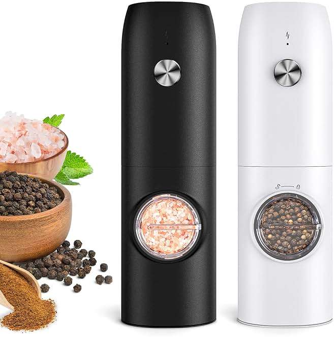 Electric Salt and Pepper Grinder Set, Rechargeable Automatic Salt and Pepper Shakers, Adjustable Coarseness Pepper Grinder with Led, Kitchen Appliances Gifts for Mom(Blackwhite) - Image 1