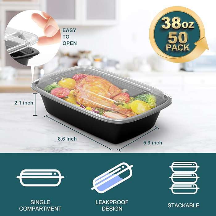WGCC Meal Prep Containers, 50Pack [38OZ] Food Storage Containers With Lids, Reusable Food Prep Containers, To Go Containers With Lids, BPA-free, Stackable, Microwave/Dishwasher/Freezer Safe - Image 3