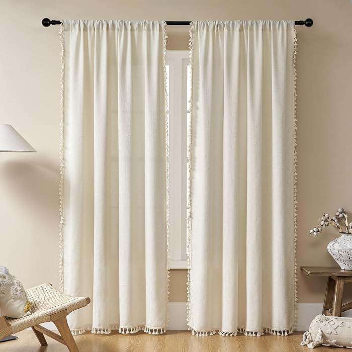Joydeco Natural Linen Beige Boho Curtains - 84 Inch Length 2 Panels, Super Soft Bohemian Farmhouse Curtains with Tassels, Semi Sheer Light Filtering Drapes for Bedroom & Living Room - Image 1