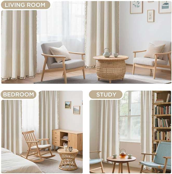 Joydeco Natural Linen Beige Boho Curtains - 84 Inch Length 2 Panels, Super Soft Bohemian Farmhouse Curtains with Tassels, Semi Sheer Light Filtering Drapes for Bedroom & Living Room - Image 6