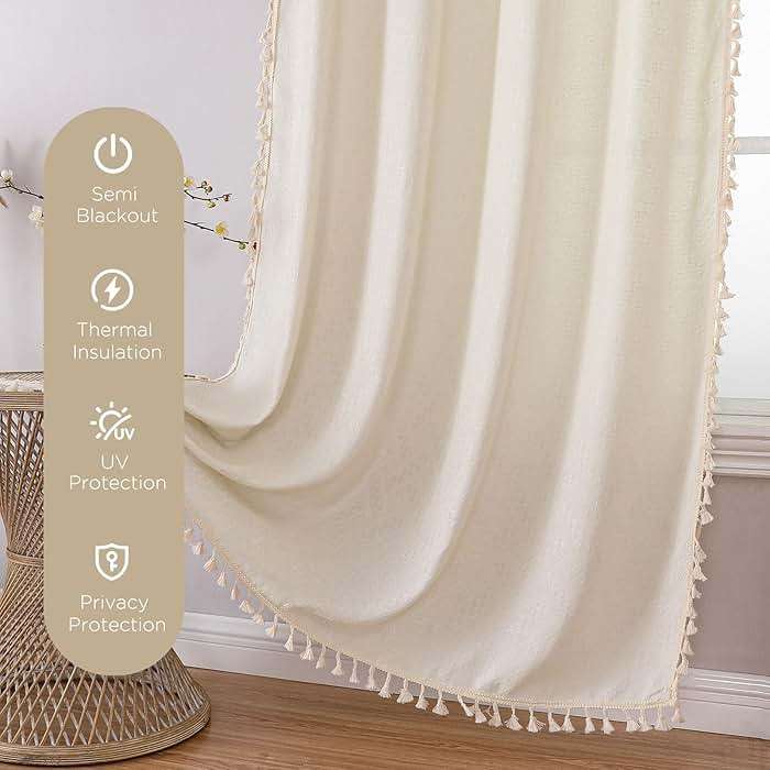 Joydeco Natural Linen Beige Boho Curtains - 84 Inch Length 2 Panels, Super Soft Bohemian Farmhouse Curtains with Tassels, Semi Sheer Light Filtering Drapes for Bedroom & Living Room - Image 7