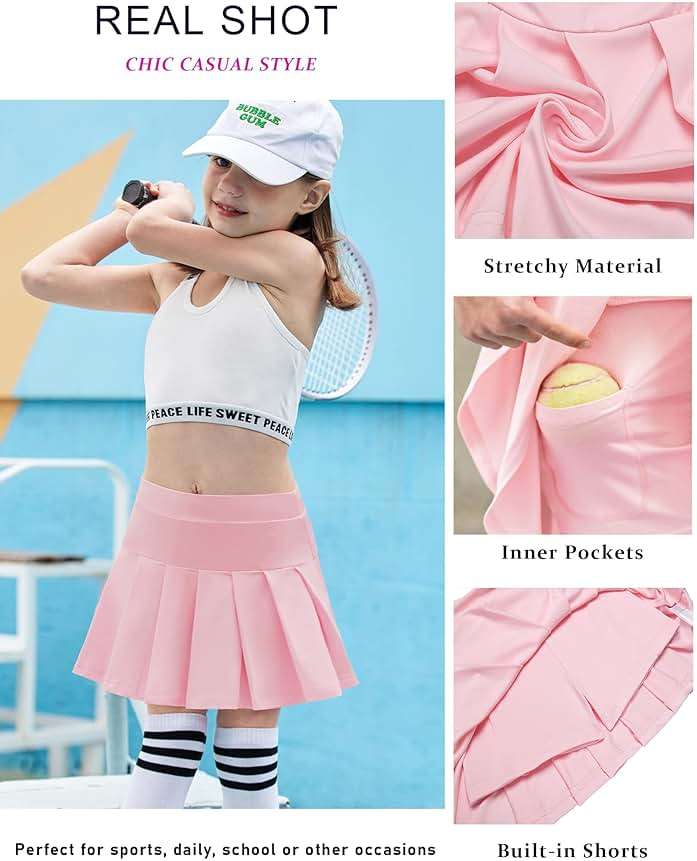 Arshiner Girl's Tennis Skirts with Shorts Athletic Pleated Skirt Workout Performance Skorts with Pockets for Kids 4-13Y - Image 3