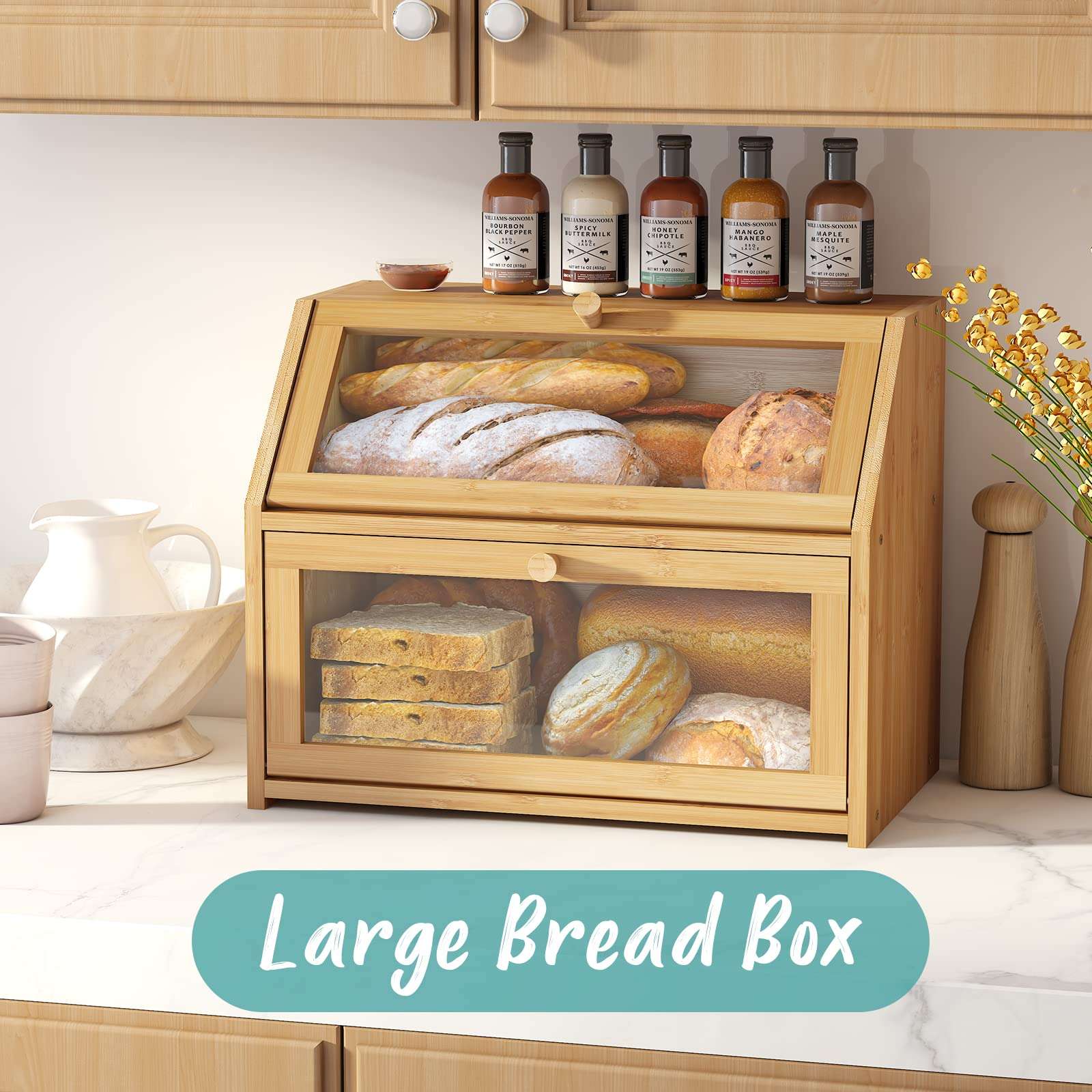 Vriccc Large Bread Box,Bamboo Wood for Kitchen Counter, Corner Bread Box, Large Capacity Bread Storage Bin - Image 5
