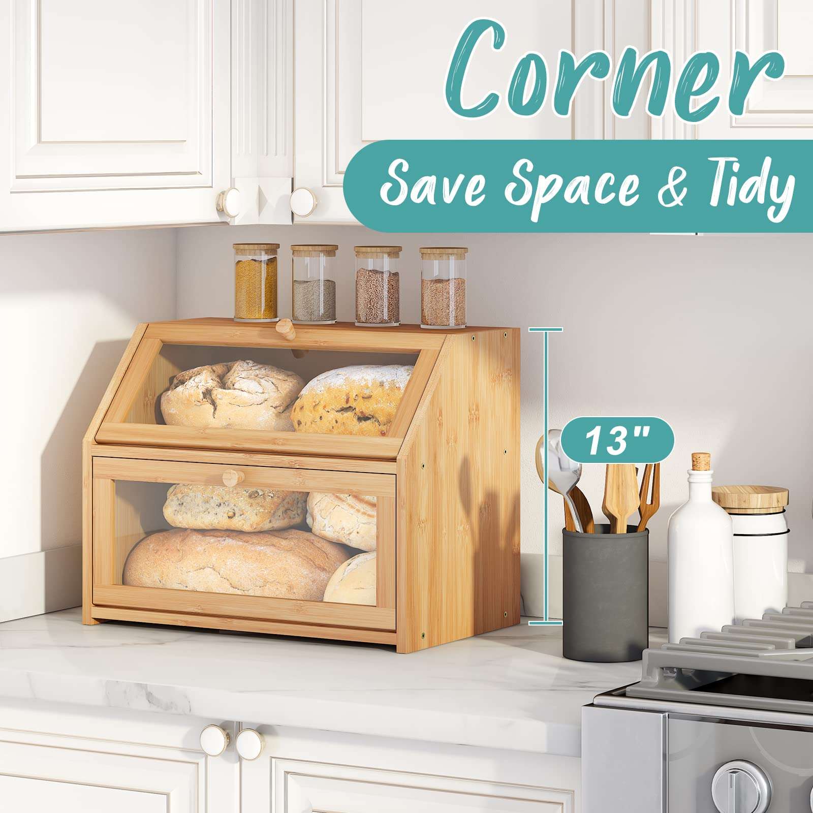 Vriccc Large Bread Box,Bamboo Wood for Kitchen Counter, Corner Bread Box, Large Capacity Bread Storage Bin - Image 6
