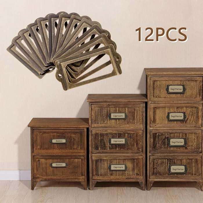 12Pcs Antique Brass Metal Label Pull Frame Handle File Name Card Holder for Furniture Cabinet Drawer Case - Image 4