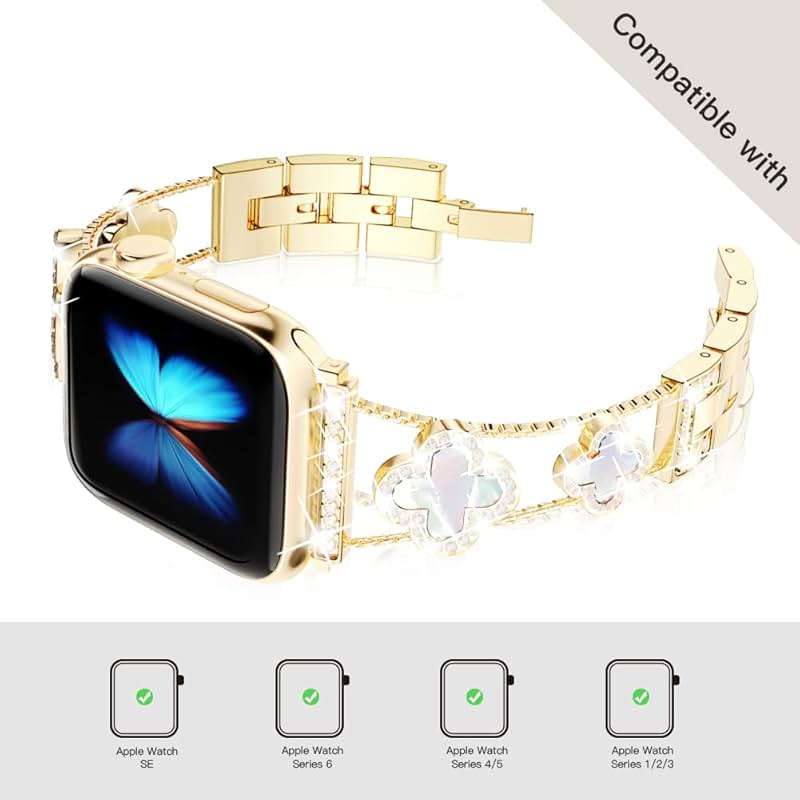 Musk-MSKR Diamond Metal Bands Add Sparkle to Your Watch For Apple Watch Series 11/10/9/8/7/6/5/4/3/2/SE/Ultra Clover Simple and Stylish Compatible with 38mm40mm41mm42mm44mm45mm 46mm49mm Women's Wear - Image 6