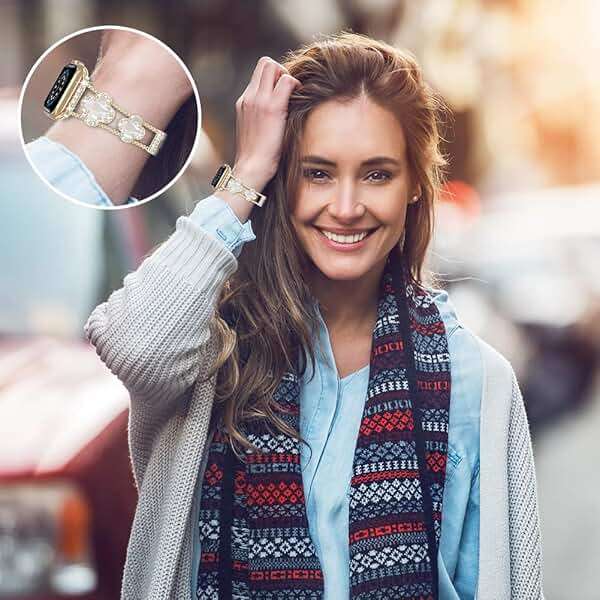 Musk-MSKR Diamond Metal Bands Add Sparkle to Your Watch For Apple Watch Series 11/10/9/8/7/6/5/4/3/2/SE/Ultra Clover Simple and Stylish Compatible with 38mm40mm41mm42mm44mm45mm 46mm49mm Women's Wear - Image 7