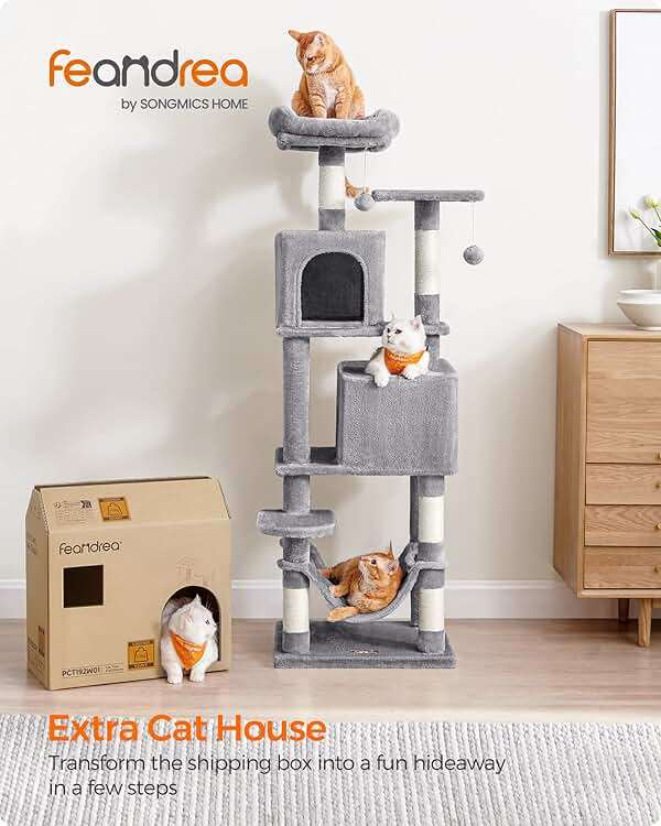 Feandrea Cat Tree, 59.5-Inch Tall Cat Tower, Plush Multi-Level Condo with 5 Scratching Posts, 2 Perches, 2 Caves, Hammock, 2 Pompoms, Light Gray UPCT192W01 - Image 2