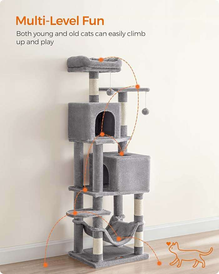 Feandrea Cat Tree, 59.5-Inch Tall Cat Tower, Plush Multi-Level Condo with 5 Scratching Posts, 2 Perches, 2 Caves, Hammock, 2 Pompoms, Light Gray UPCT192W01 - Image 3