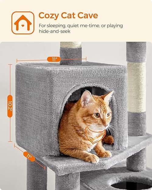 Feandrea Cat Tree, 59.5-Inch Tall Cat Tower, Plush Multi-Level Condo with 5 Scratching Posts, 2 Perches, 2 Caves, Hammock, 2 Pompoms, Light Gray UPCT192W01 - Image 4