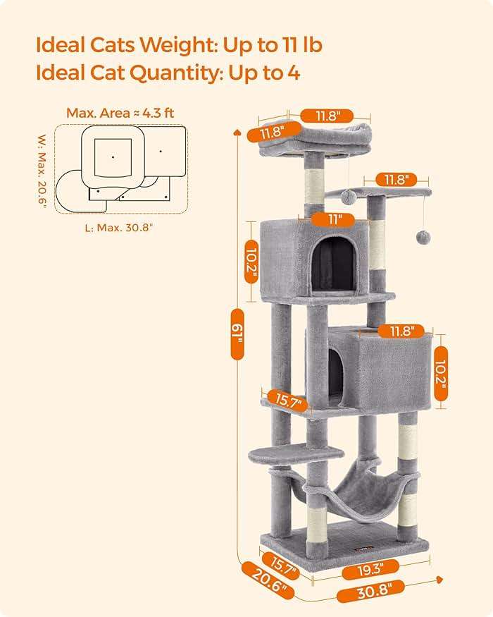 Feandrea Cat Tree, 59.5-Inch Tall Cat Tower, Plush Multi-Level Condo with 5 Scratching Posts, 2 Perches, 2 Caves, Hammock, 2 Pompoms, Light Gray UPCT192W01 - Image 5