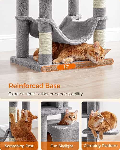 Feandrea Cat Tree, 59.5-Inch Tall Cat Tower, Plush Multi-Level Condo with 5 Scratching Posts, 2 Perches, 2 Caves, Hammock, 2 Pompoms, Light Gray UPCT192W01 - Image 6