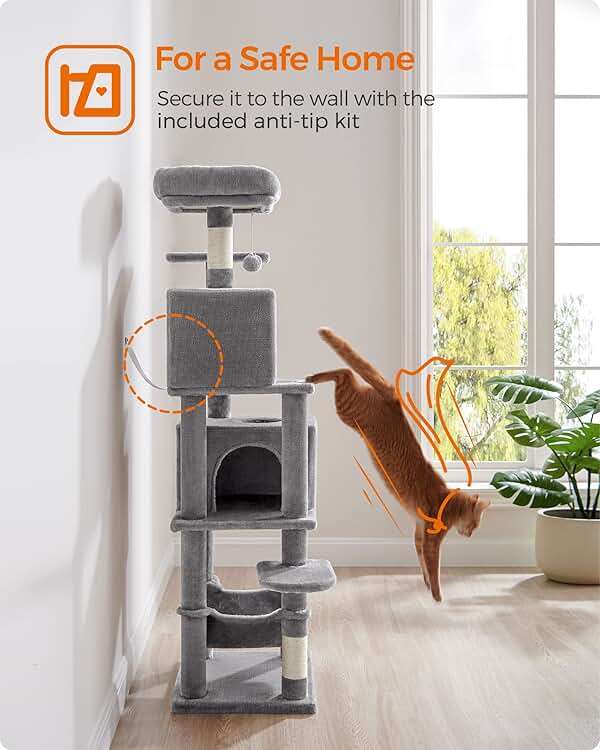 Feandrea Cat Tree, 59.5-Inch Tall Cat Tower, Plush Multi-Level Condo with 5 Scratching Posts, 2 Perches, 2 Caves, Hammock, 2 Pompoms, Light Gray UPCT192W01 - Image 7