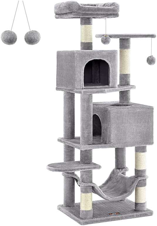 Feandrea Cat Tree, 59.5-Inch Tall Cat Tower, Plush Multi-Level Condo with 5 Scratching Posts, 2 Perches, 2 Caves, Hammock, 2 Pompoms, Light Gray UPCT192W01 - Image 8
