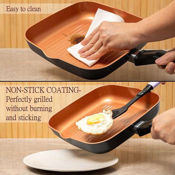 Moss & Stone Square Grill Pan For Indoor Cooking, 9.5In Frying Pan Copper Non-Stick Saute Fry Pan, Induction Copper Pan for Meats & Vegetables, Aluminum Griddle Nonstick Stove Top Grill Pan - Image 4