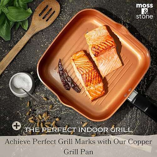 Moss & Stone Square Grill Pan For Indoor Cooking, 9.5In Frying Pan Copper Non-Stick Saute Fry Pan, Induction Copper Pan for Meats & Vegetables, Aluminum Griddle Nonstick Stove Top Grill Pan - Image 6