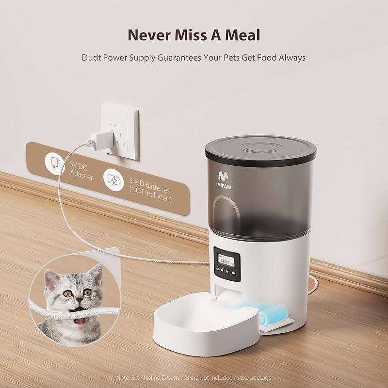 IMIPAW Automatic Cat Feeders, Timed Cat Dry Food Dispenser with Desiccant Bag, Dual Power Supply, Programmable Portion Size, 6 Meals, 20 Portions Per Day, Auto Pet Feeder for Cats and Small Dog, White - Image 5
