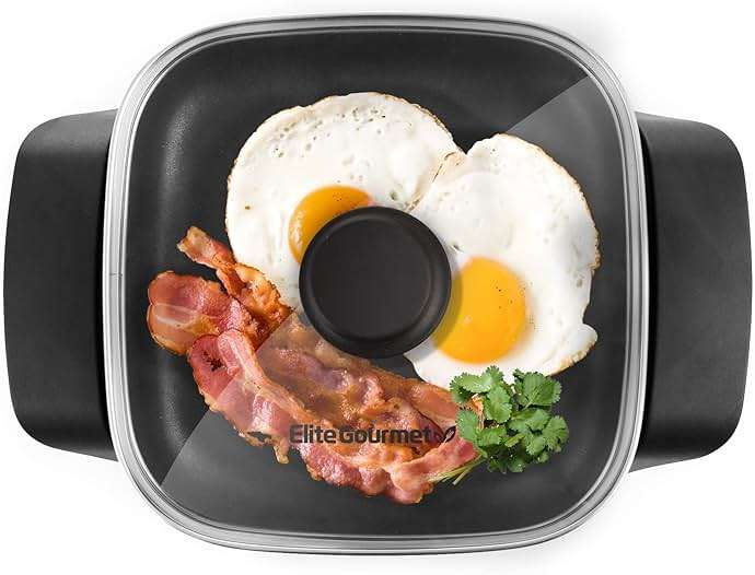 Elite Gourmet EG808 Electric Skillet 8"x8" Non-Stick Coating, Tempered Glass Lid, Removable Thermostat 200°F–400°F, Dishwasher Safe, 600W Compact 2.5-Qt Capacity for Eggs, Bacon & One-Pot Meals, Black - Image 1