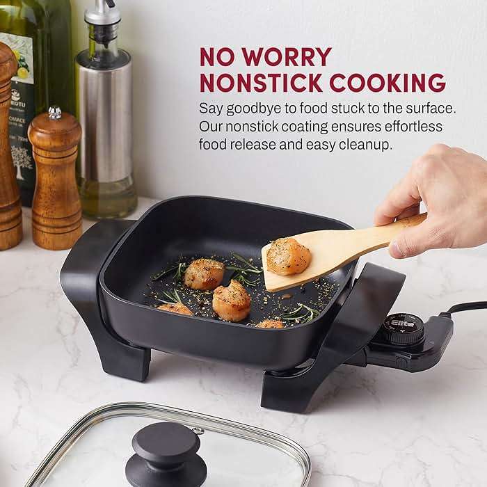 Elite Gourmet EG808 Electric Skillet 8"x8" Non-Stick Coating, Tempered Glass Lid, Removable Thermostat 200°F–400°F, Dishwasher Safe, 600W Compact 2.5-Qt Capacity for Eggs, Bacon & One-Pot Meals, Black - Image 3