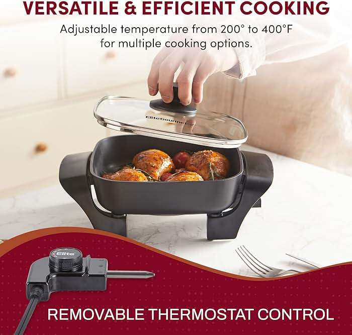 Elite Gourmet EG808 Electric Skillet 8"x8" Non-Stick Coating, Tempered Glass Lid, Removable Thermostat 200°F–400°F, Dishwasher Safe, 600W Compact 2.5-Qt Capacity for Eggs, Bacon & One-Pot Meals, Black - Image 5