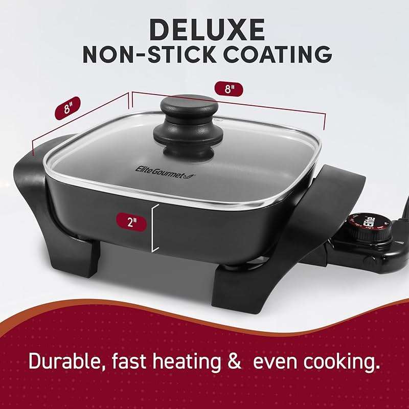 Elite Gourmet EG808 Electric Skillet 8"x8" Non-Stick Coating, Tempered Glass Lid, Removable Thermostat 200°F–400°F, Dishwasher Safe, 600W Compact 2.5-Qt Capacity for Eggs, Bacon & One-Pot Meals, Black - Image 8