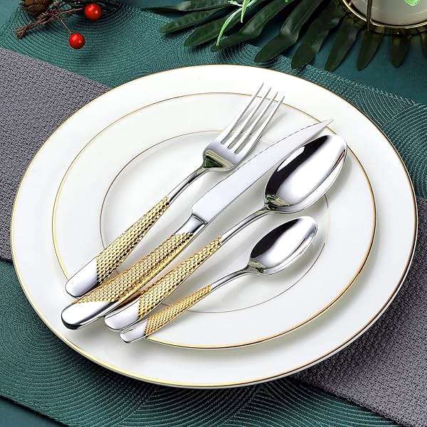 Hammered Silver Gold Silverware Set, OGORI 24-Piece 18/10 Stainless Steel Flatware Set, Service of 6 - Image 2