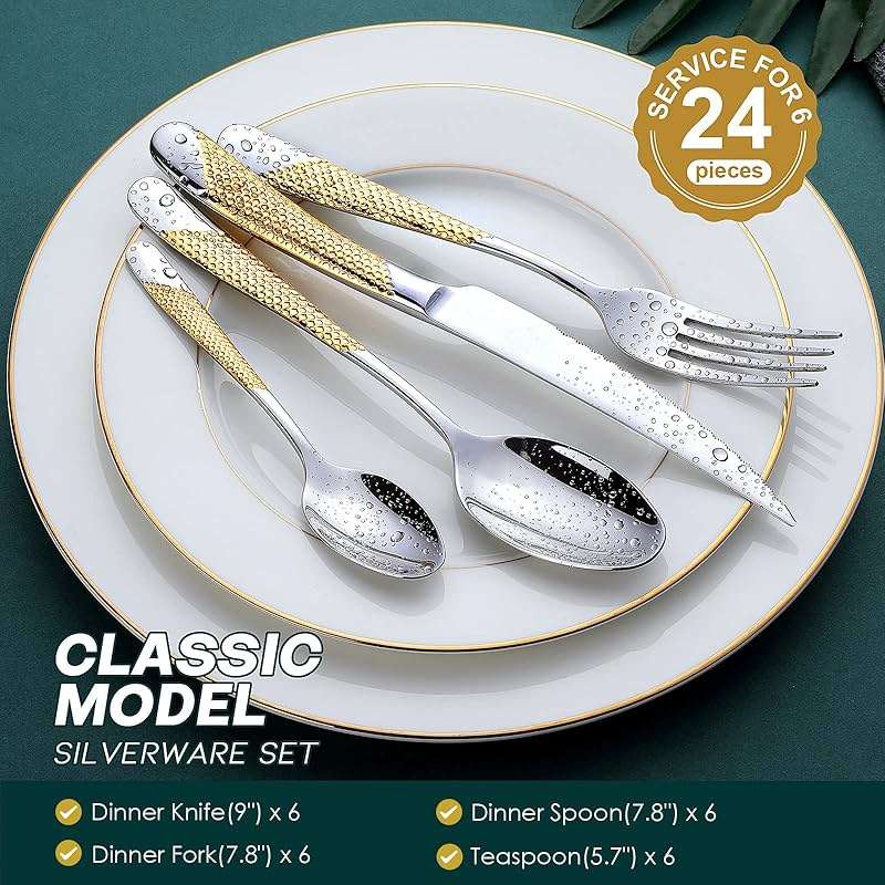 Hammered Silver Gold Silverware Set, OGORI 24-Piece 18/10 Stainless Steel Flatware Set, Service of 6 - Image 3