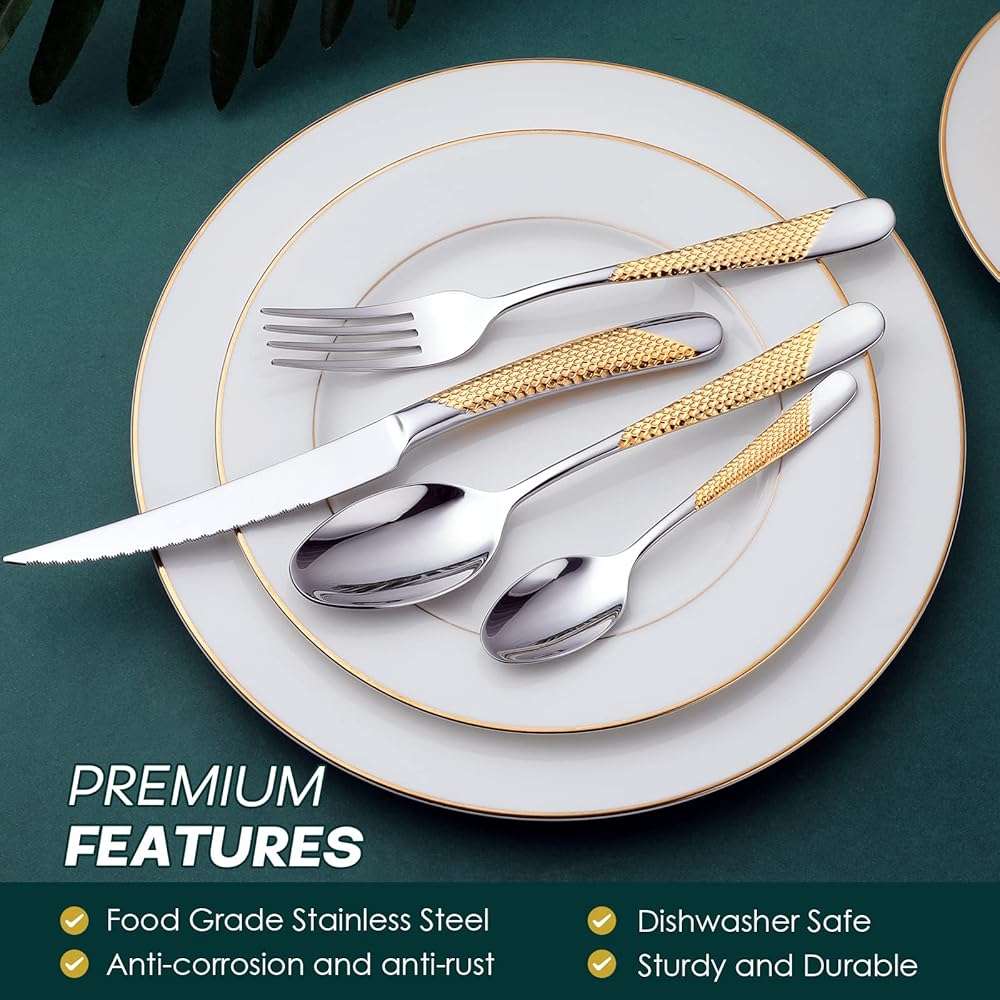 Hammered Silver Gold Silverware Set, OGORI 24-Piece 18/10 Stainless Steel Flatware Set, Service of 6 - Image 5