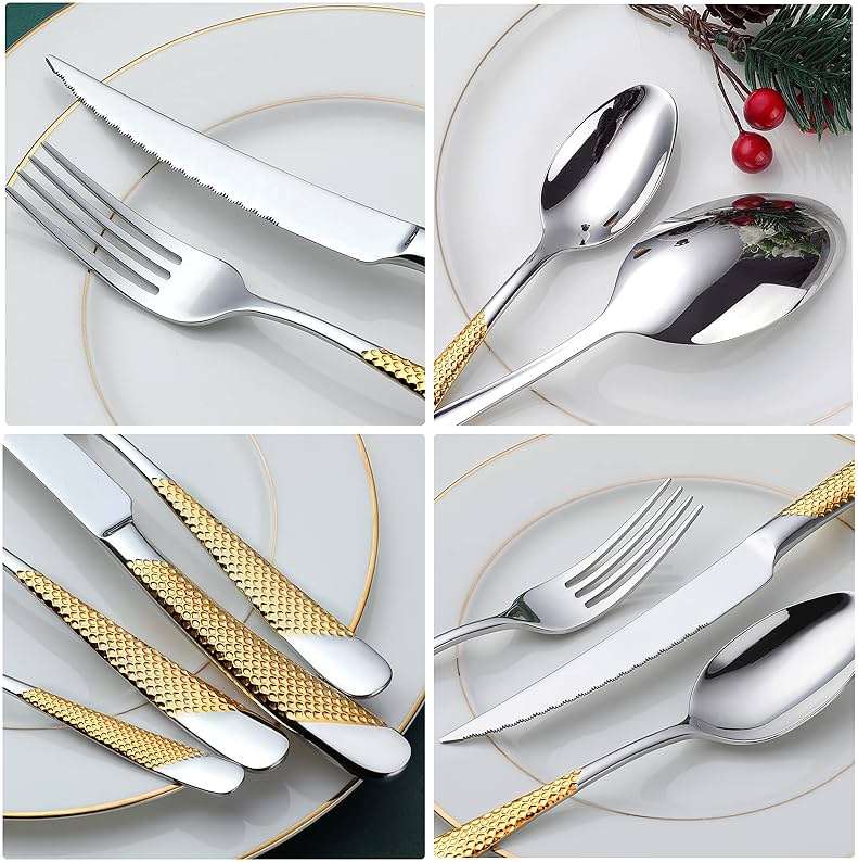 Hammered Silver Gold Silverware Set, OGORI 24-Piece 18/10 Stainless Steel Flatware Set, Service of 6 - Image 6