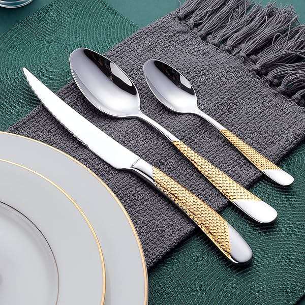 Hammered Silver Gold Silverware Set, OGORI 24-Piece 18/10 Stainless Steel Flatware Set, Service of 6 - Image 7