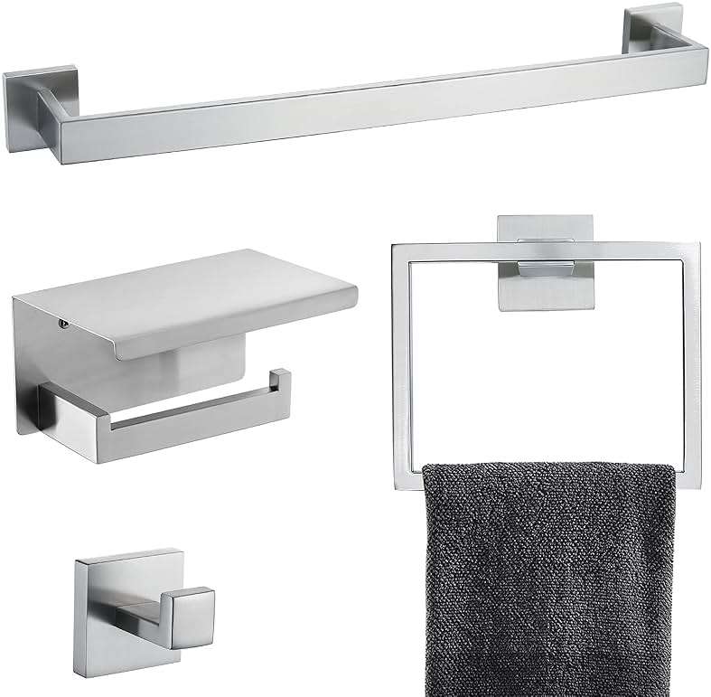 Brushed 4-Piece Bathroom Hardware Set Premium Stainless Steel Bath Towel Bar Sets Wall Mounted Bathroom Toilet Paper Holder with Shelf Set, 23.6 Inch - Image 1