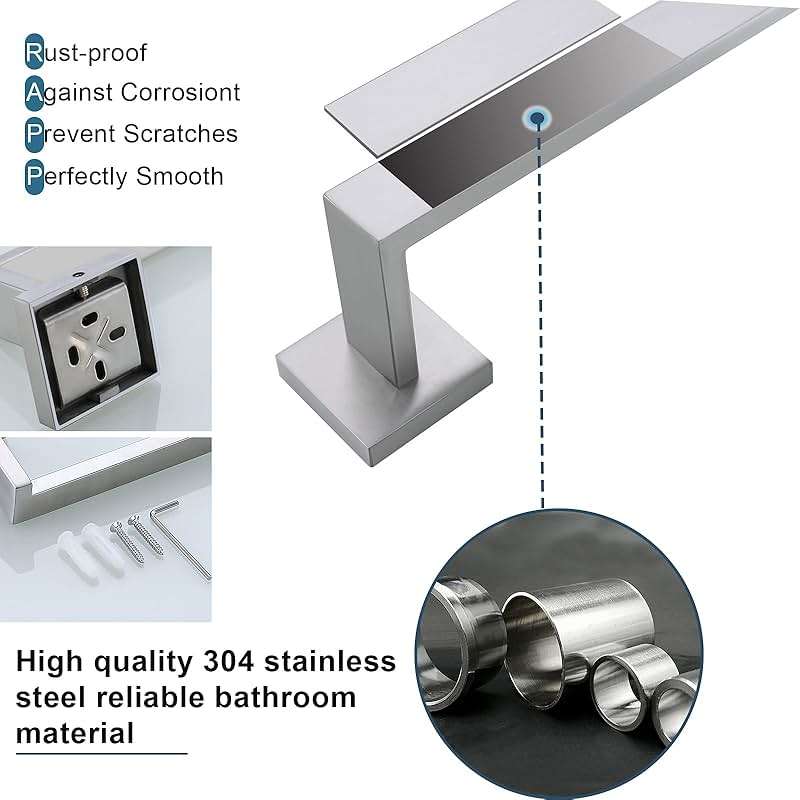 Brushed 4-Piece Bathroom Hardware Set Premium Stainless Steel Bath Towel Bar Sets Wall Mounted Bathroom Toilet Paper Holder with Shelf Set, 23.6 Inch - Image 7