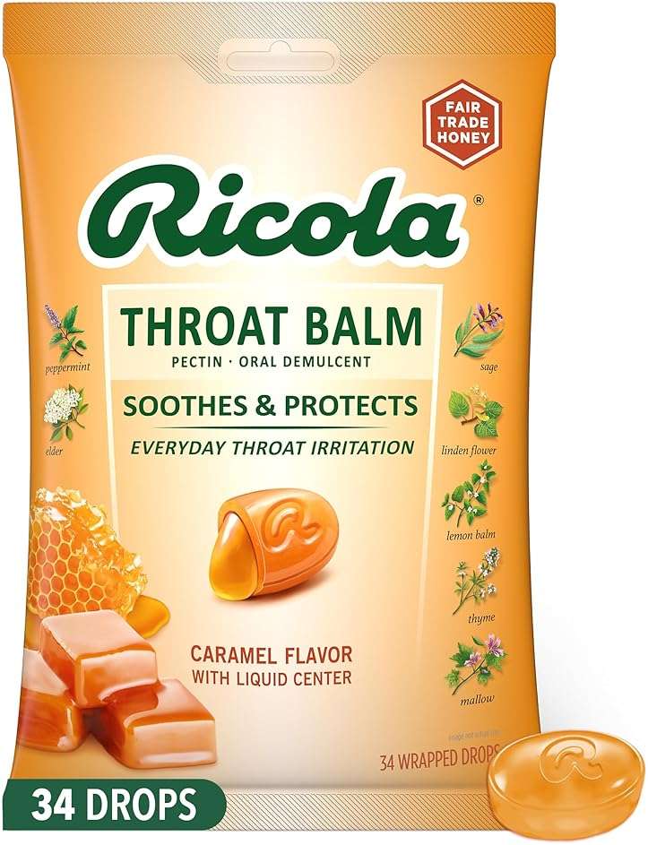 Ricola Throat Balm Caramel Herbal Throat Drops with Pectin to Coat & Protect Voice from Minor Irritation - 34 Count - Herbal Lozenges - Image 1