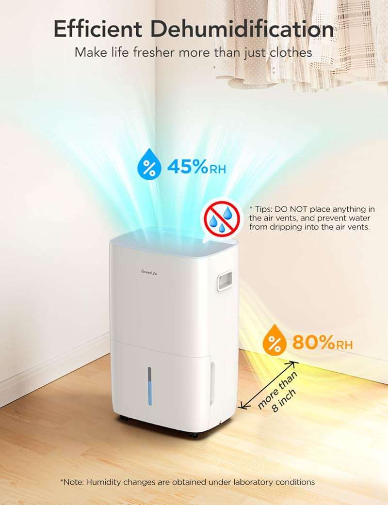 GoveeLife Dehumidifier for Home 4,500 Sq.Ft, 50 to 137 Pint Smart Auto Humidity Control, Drain Hose, 2.0Gal Bucket, Compressor Dehumidifiers for Basement with Auto Shut Off, Bathroom, Garage, w/WiFi - Image 5