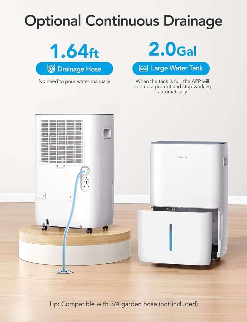 GoveeLife Dehumidifier for Home 4,500 Sq.Ft, 50 to 137 Pint Smart Auto Humidity Control, Drain Hose, 2.0Gal Bucket, Compressor Dehumidifiers for Basement with Auto Shut Off, Bathroom, Garage, w/WiFi - Image 6