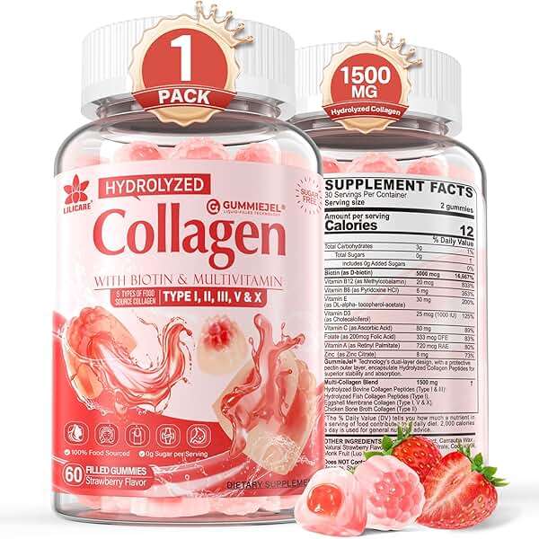 Collagen Peptide Gummies for Women & Men Sugar-Free, Multi Collagen Hydrolyzed w/ 1500mg Protein Type I,II,III,V,X, 5000mcg Biotin, Methylated B12, Vitamin C A E D3 B6 for Skin Hair Nails, Bone, 60Cts - Image 1