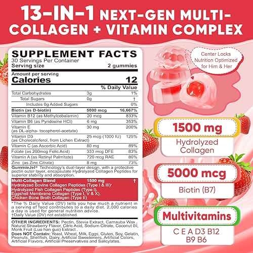 Collagen Peptide Gummies for Women & Men Sugar-Free, Multi Collagen Hydrolyzed w/ 1500mg Protein Type I,II,III,V,X, 5000mcg Biotin, Methylated B12, Vitamin C A E D3 B6 for Skin Hair Nails, Bone, 60Cts - Image 2