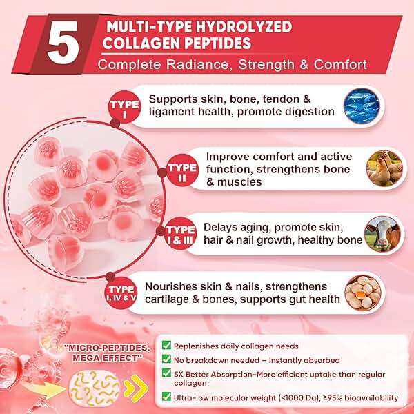 Collagen Peptide Gummies for Women & Men Sugar-Free, Multi Collagen Hydrolyzed w/ 1500mg Protein Type I,II,III,V,X, 5000mcg Biotin, Methylated B12, Vitamin C A E D3 B6 for Skin Hair Nails, Bone, 60Cts - Image 3