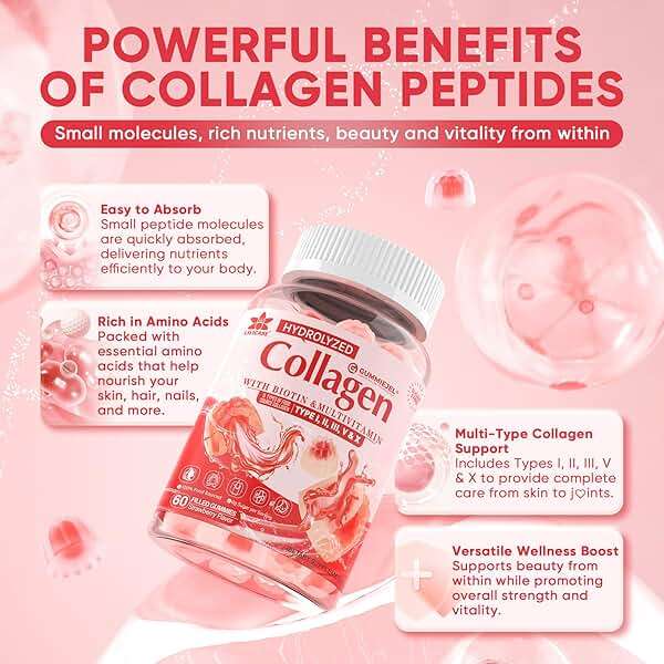 Collagen Peptide Gummies for Women & Men Sugar-Free, Multi Collagen Hydrolyzed w/ 1500mg Protein Type I,II,III,V,X, 5000mcg Biotin, Methylated B12, Vitamin C A E D3 B6 for Skin Hair Nails, Bone, 60Cts - Image 6