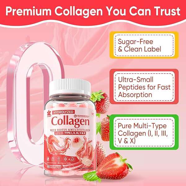 Collagen Peptide Gummies for Women & Men Sugar-Free, Multi Collagen Hydrolyzed w/ 1500mg Protein Type I,II,III,V,X, 5000mcg Biotin, Methylated B12, Vitamin C A E D3 B6 for Skin Hair Nails, Bone, 60Cts - Image 9