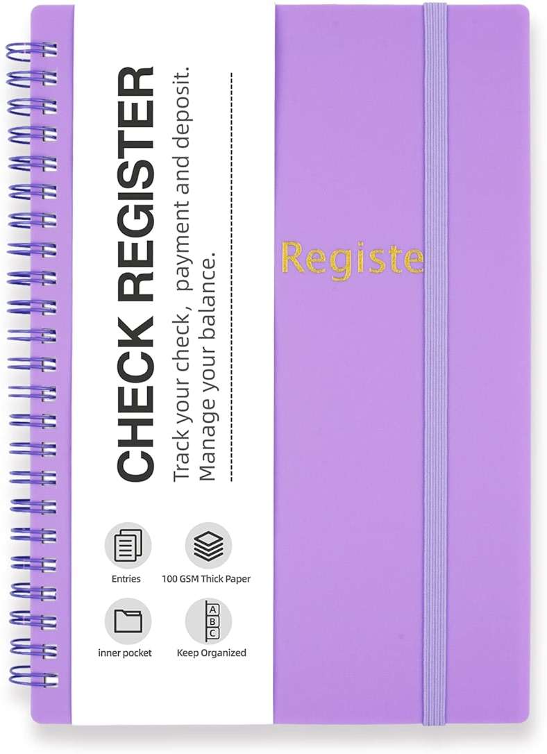 Check Registers for Personal Checkbook, Double Spiral Check Register Book, Budget Planner with Check Register for Personal and Work, 5.8'' x 8.3'' - Purple - Image 1