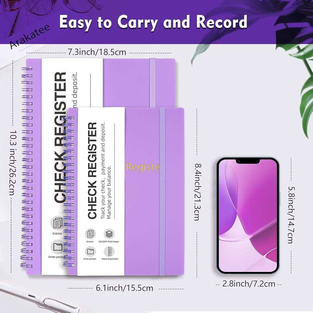 Check Registers for Personal Checkbook, Double Spiral Check Register Book, Budget Planner with Check Register for Personal and Work, 5.8'' x 8.3'' - Purple - Image 2