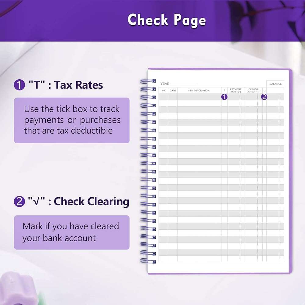 Check Registers for Personal Checkbook, Double Spiral Check Register Book, Budget Planner with Check Register for Personal and Work, 5.8'' x 8.3'' - Purple - Image 3
