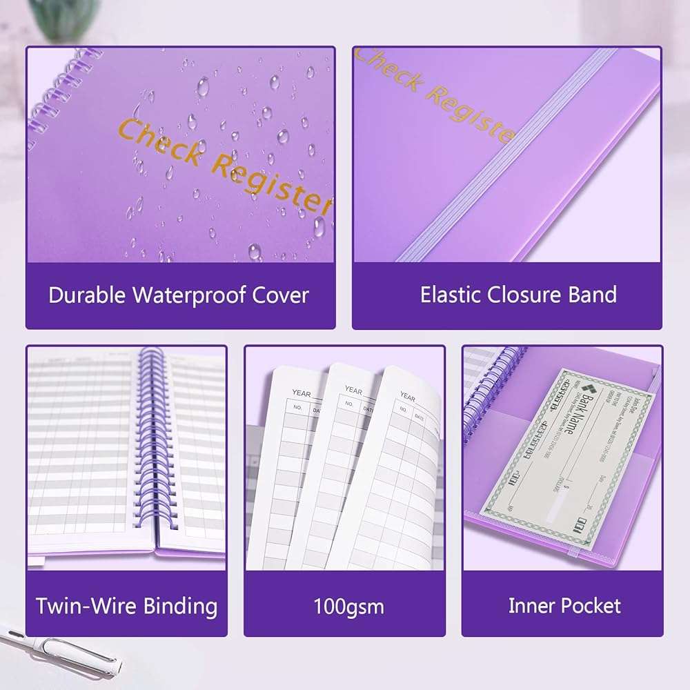 Check Registers for Personal Checkbook, Double Spiral Check Register Book, Budget Planner with Check Register for Personal and Work, 5.8'' x 8.3'' - Purple - Image 5