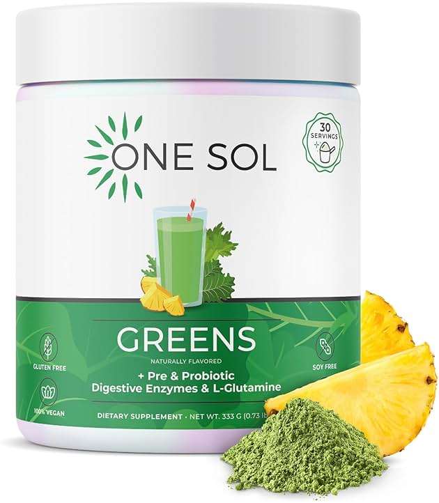 One Sol Greens, Super Greens Powder to Reduce Bloating & Improve Gut Health, Superfood Fresh Bloom Organic Greens Blend Juice & Smoothie Mix, Pre & Probiotic with Digestive Enzymes, Vegan & Soy Free - Image 1
