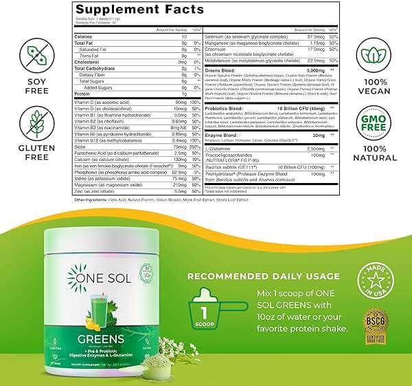 One Sol Greens, Super Greens Powder to Reduce Bloating & Improve Gut Health, Superfood Fresh Bloom Organic Greens Blend Juice & Smoothie Mix, Pre & Probiotic with Digestive Enzymes, Vegan & Soy Free - Image 4