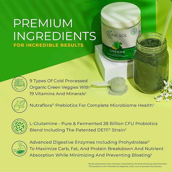 One Sol Greens, Super Greens Powder to Reduce Bloating & Improve Gut Health, Superfood Fresh Bloom Organic Greens Blend Juice & Smoothie Mix, Pre & Probiotic with Digestive Enzymes, Vegan & Soy Free - Image 6