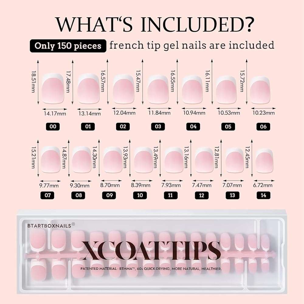BTArtboxnails XCOATTIPS French Gel Nails - French Tip Press on Nails Pink Extra Short Square Shape Nail Tips, Fake Nails Extensions Nail Art DIY, 16 Sizes - 160 Fake Nails - Image 6