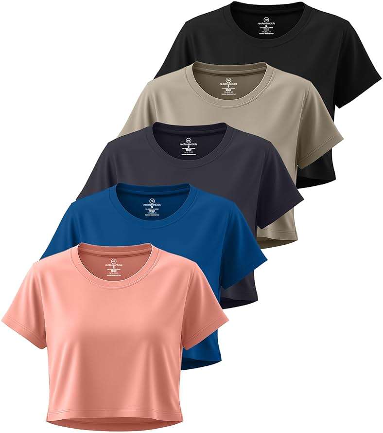 Real Essentials 5 Pack: Women's Dry-Fit Crop Top Short Sleeve Shirts Workout Gym Cropped Athletic Tee (Available in Plus) - Image 1